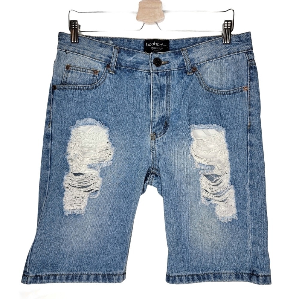 BOOHOO MAN Shorts Denim Distressed Men's 32 Preppy Light Blue Slim Jean Bermudas